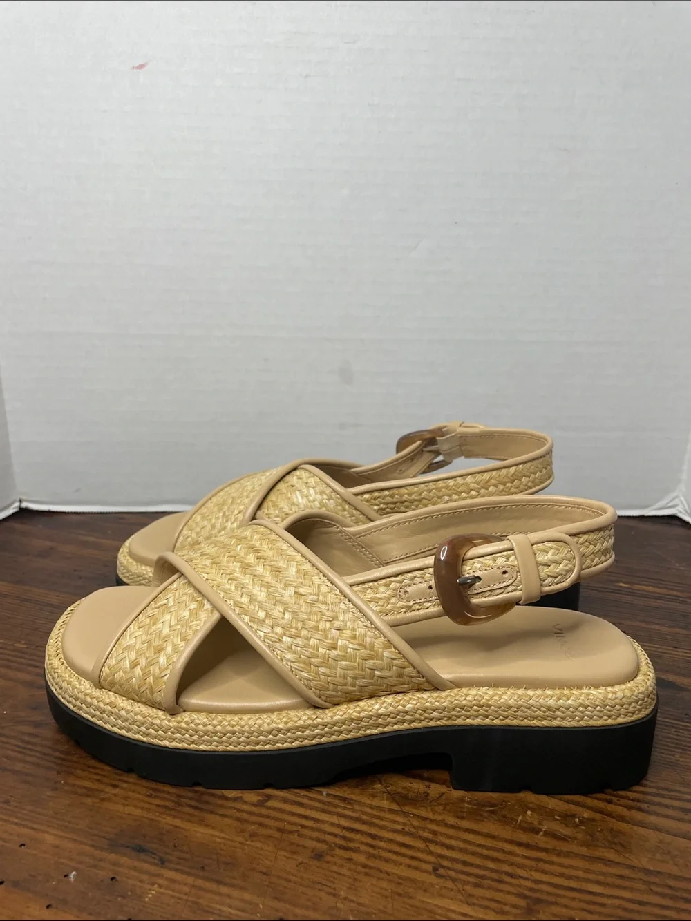 Vince Beige Woven Raffia Slingback Sandals with Black Lug Sole